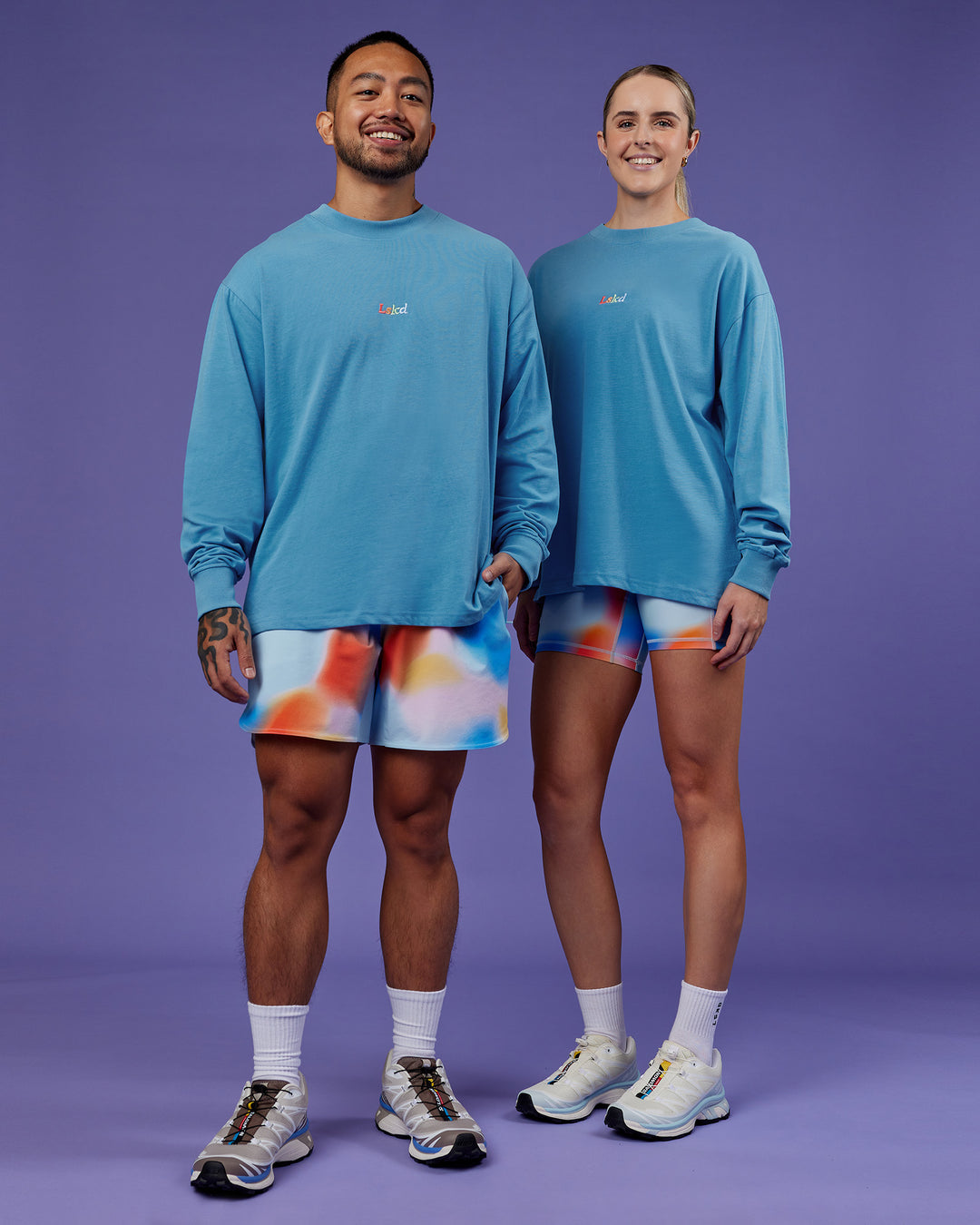 Duo wearing Our Journey Oversize Heavyweight FLXCotton Long Sleeve Tee - Azure Blue | Model:Both | Size:Duo - view 2