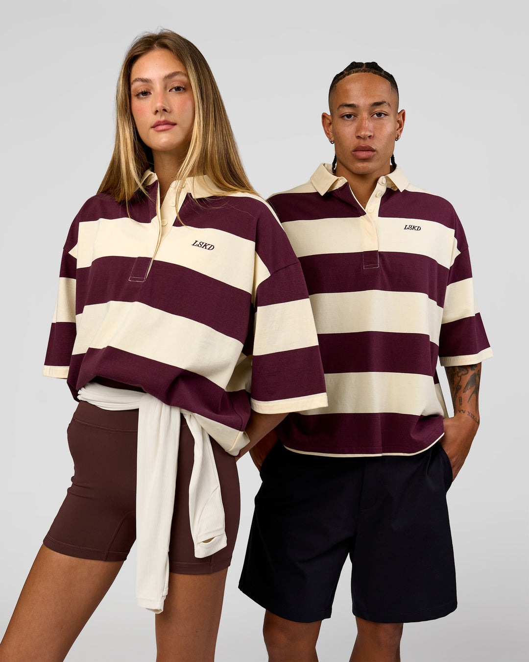 Duo wearing Oversized Rugby Polo - Off White-Cherry| Model:Both | Size:Duo - view 11