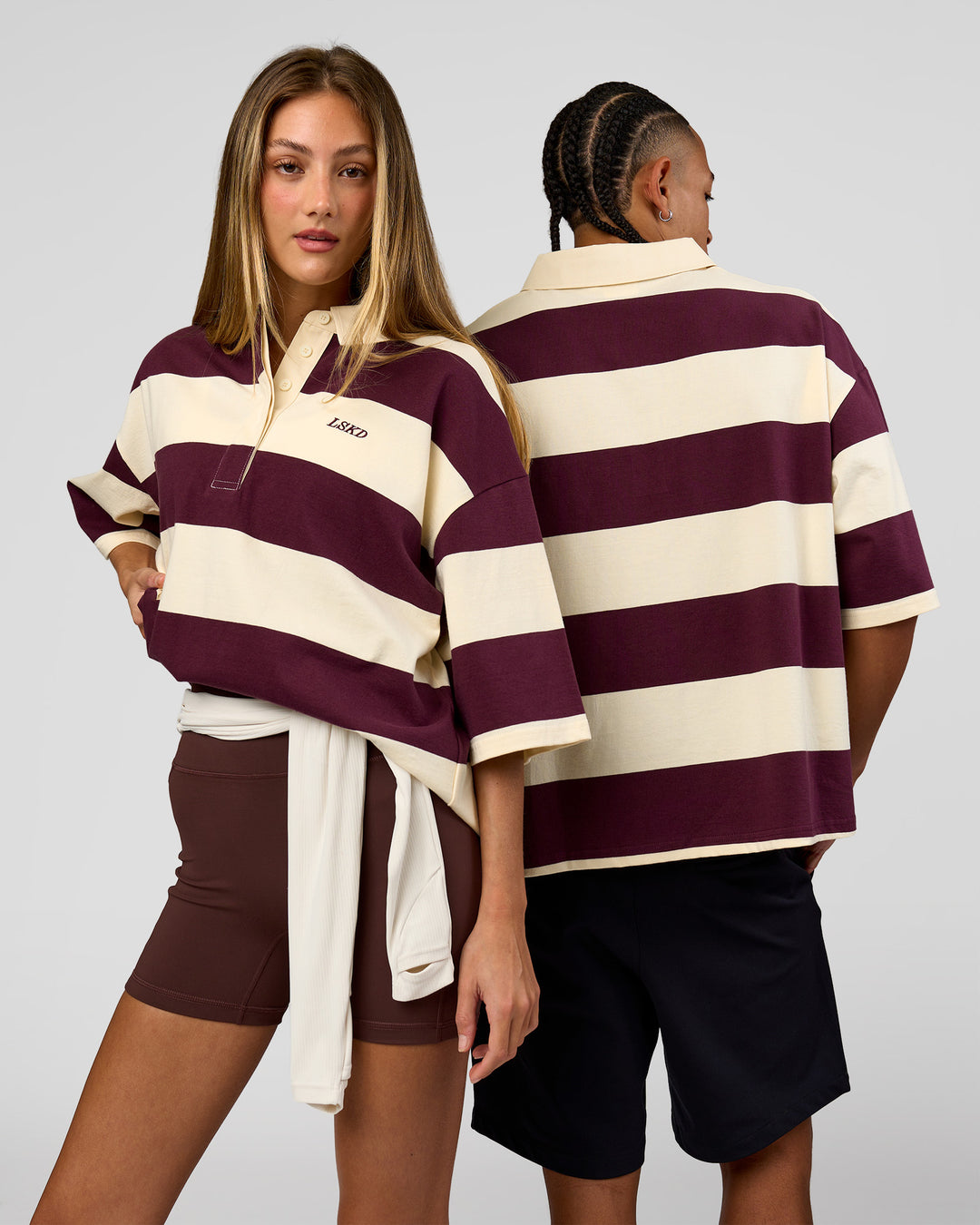 Duo wearing Oversized Rugby Polo - Off White-Cherry| Model:Both | Size:Duo - view 2