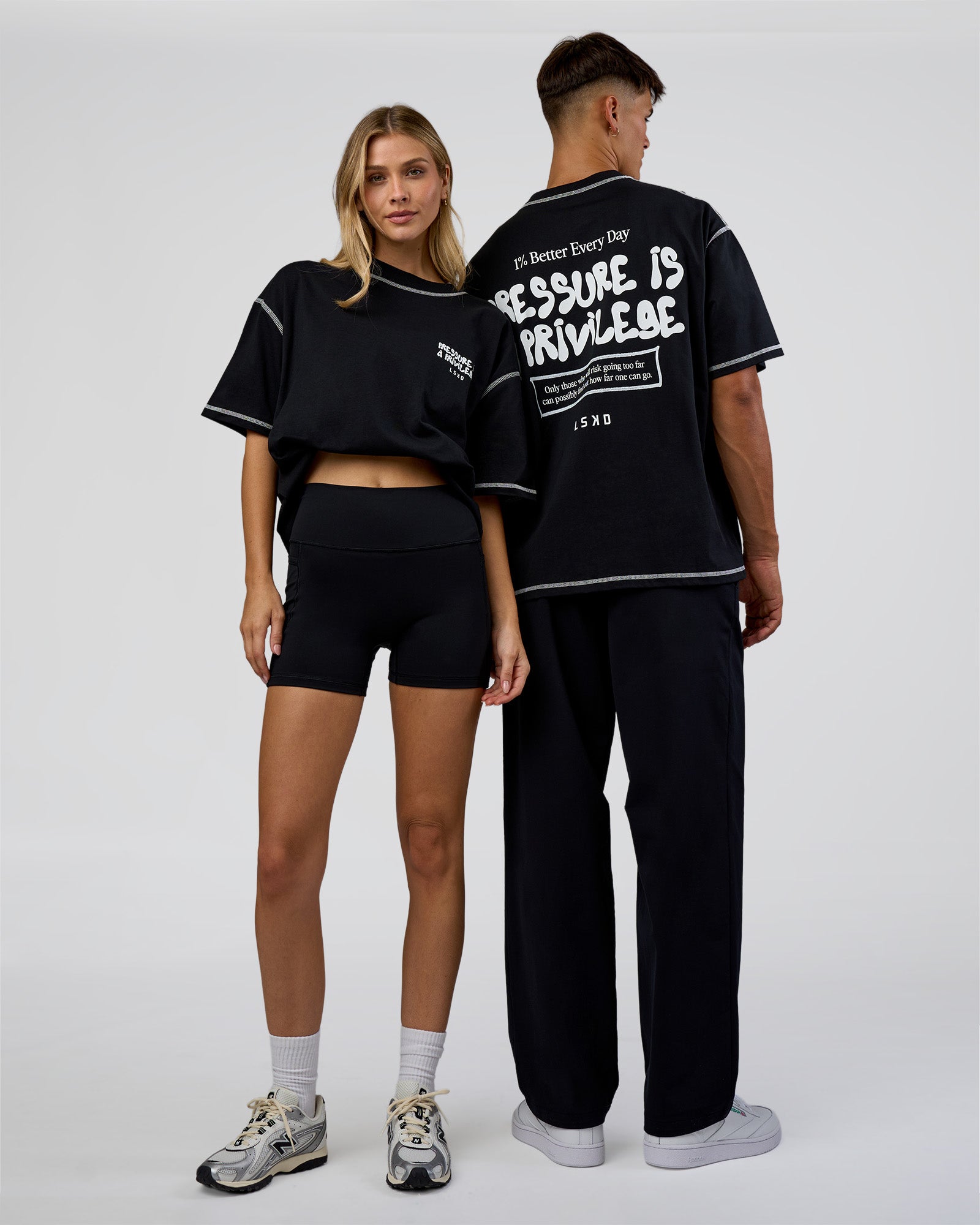 Duo wearing Pressure is Privilege Oversized Tee - Black-White | Model:Both | Size:Duo