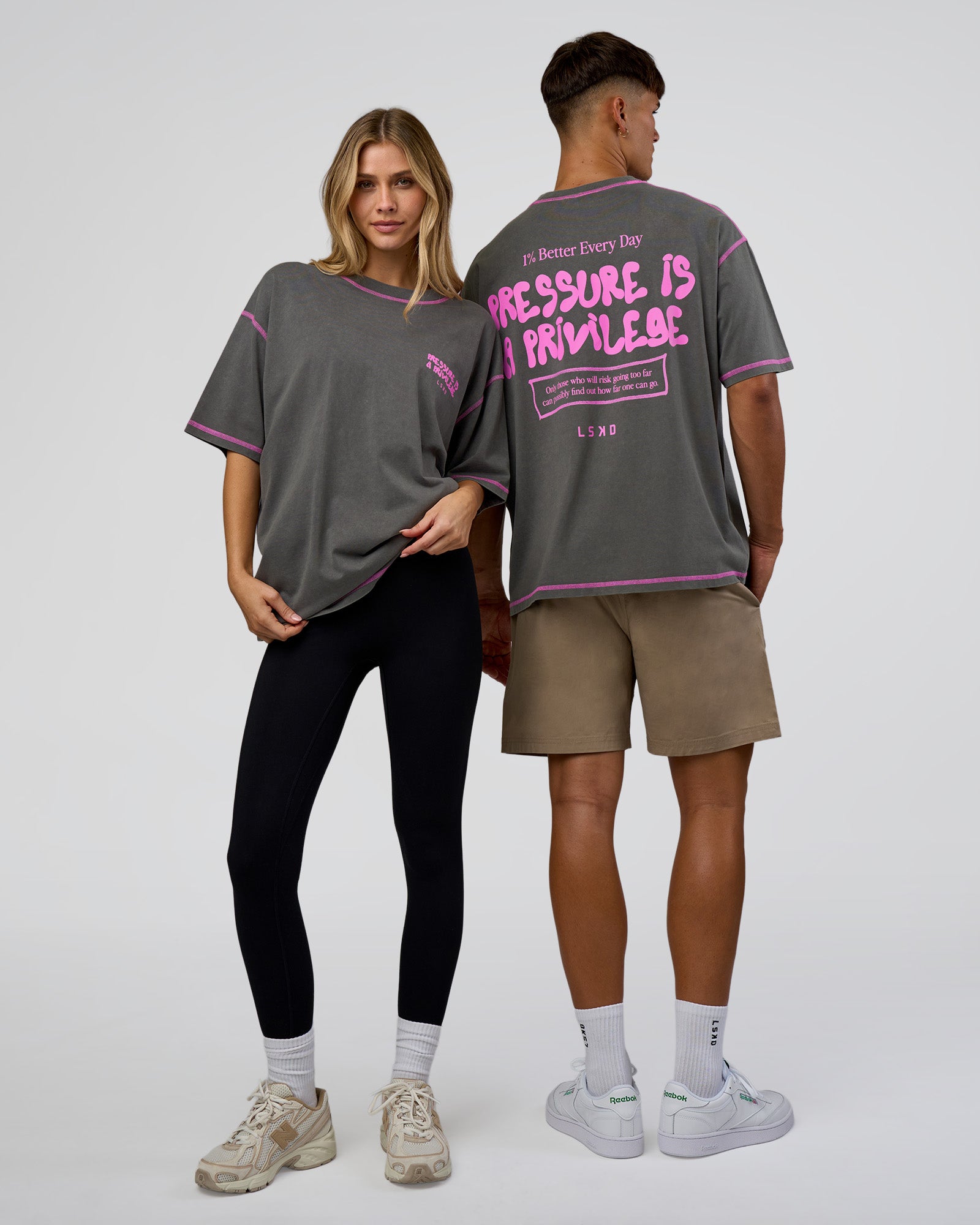 Duo wearing Pressure is Privilege Oversized Tee - Dark Storm Washed-Ultra Fuchsia | Model:Both | Size:Duo