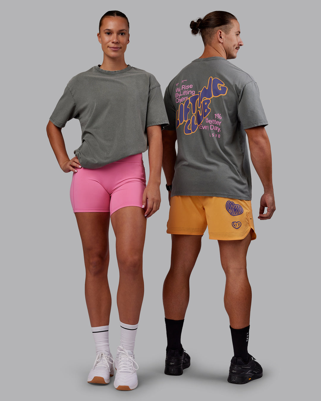 Duo wearing Rise &amp; Lift Washed FLXCotton Oversized Tee - Graphite-Purple Opulence | Model:Both | Size:Duo - view 6