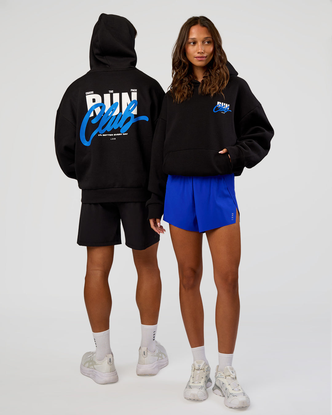 Duo wearing Run Club Script Oversized Hoodie - Black-Palace Blue | Model:Both | Size:Duo - view 2