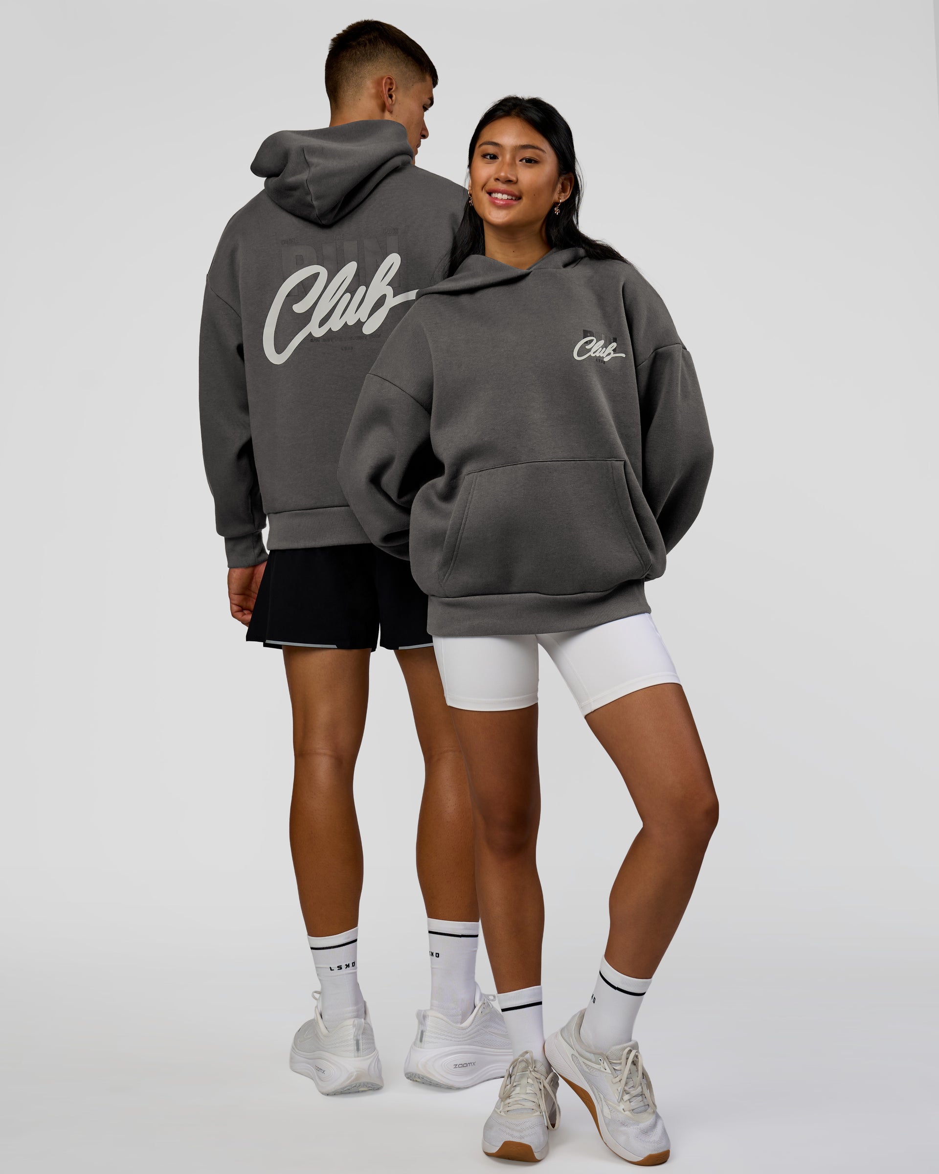 Duo wearing Run Club Script Oversized Hoodie - Dark Storm-Alloy | Model:Both | Size:Duo