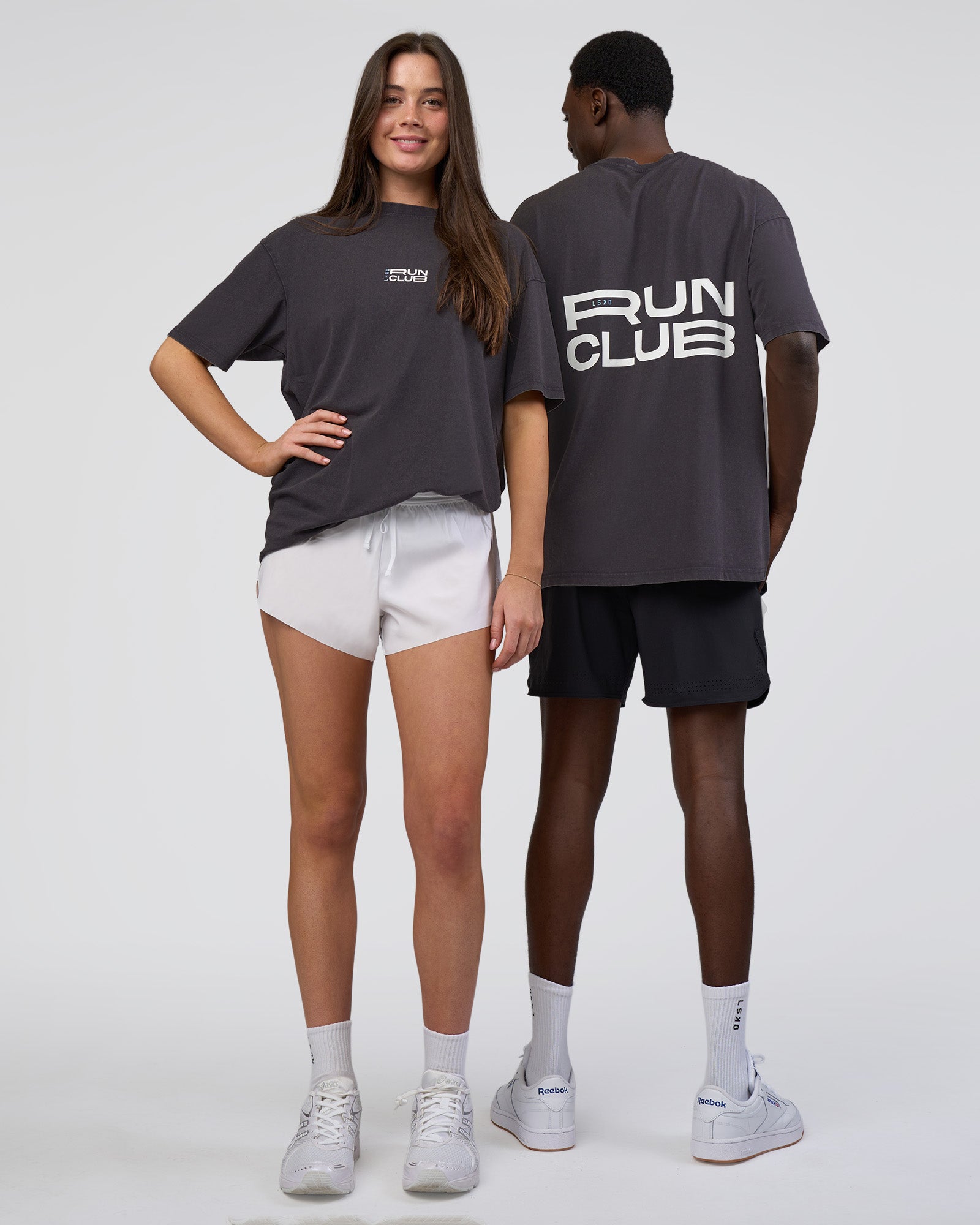 Duo wearing Runner's FLXCotton Oversized Tee - Black Washed-White | Model:Both | Size:Duo