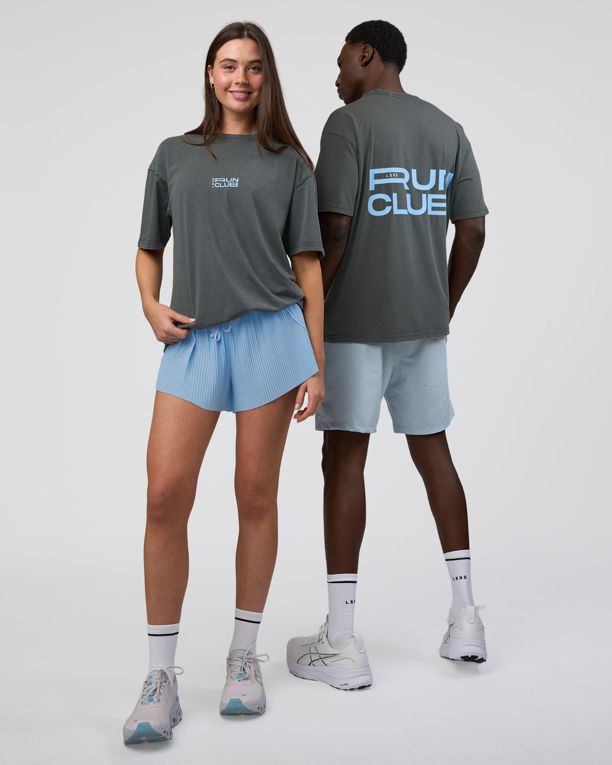 Duo wearing Runner's FLXCotton Oversized Tee - Dark Storm Washed-Open Air | Model:Both | Size:Duo