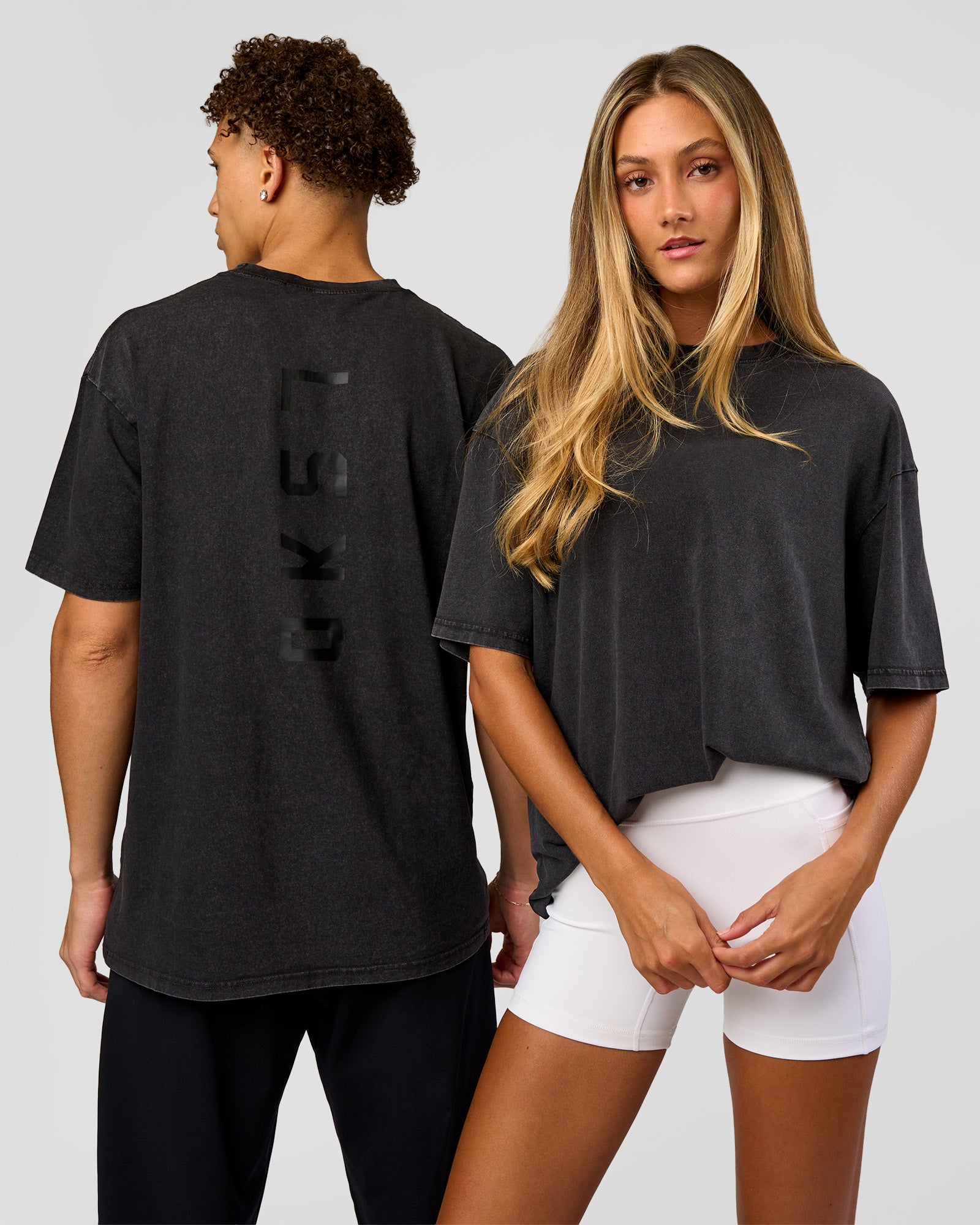Duo wearing Shadow Mode FLXCotton Oversized Tee - Black Washed | Model:Both | Size:Duo