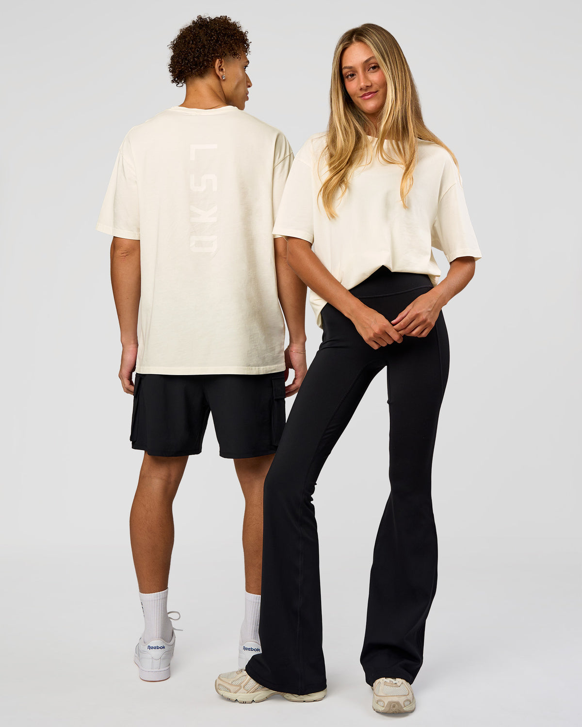 Duo wearing Shadow Mode FLXCotton Oversized Tee - Off White Washed | Model:Both | Size:Duo