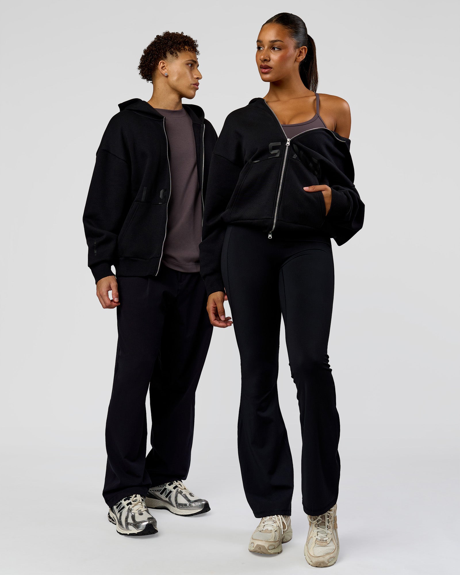 Duo wearing Shadow Mode Oversized Zip Through Hoodie - Black | Model:Both | Size:Duo