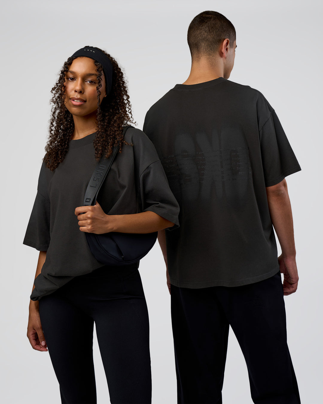Duo wearing Spray Heavyweight Unisex Oversized Tee - Charcoal Washed | Model:Both | Size:Duo - view 1