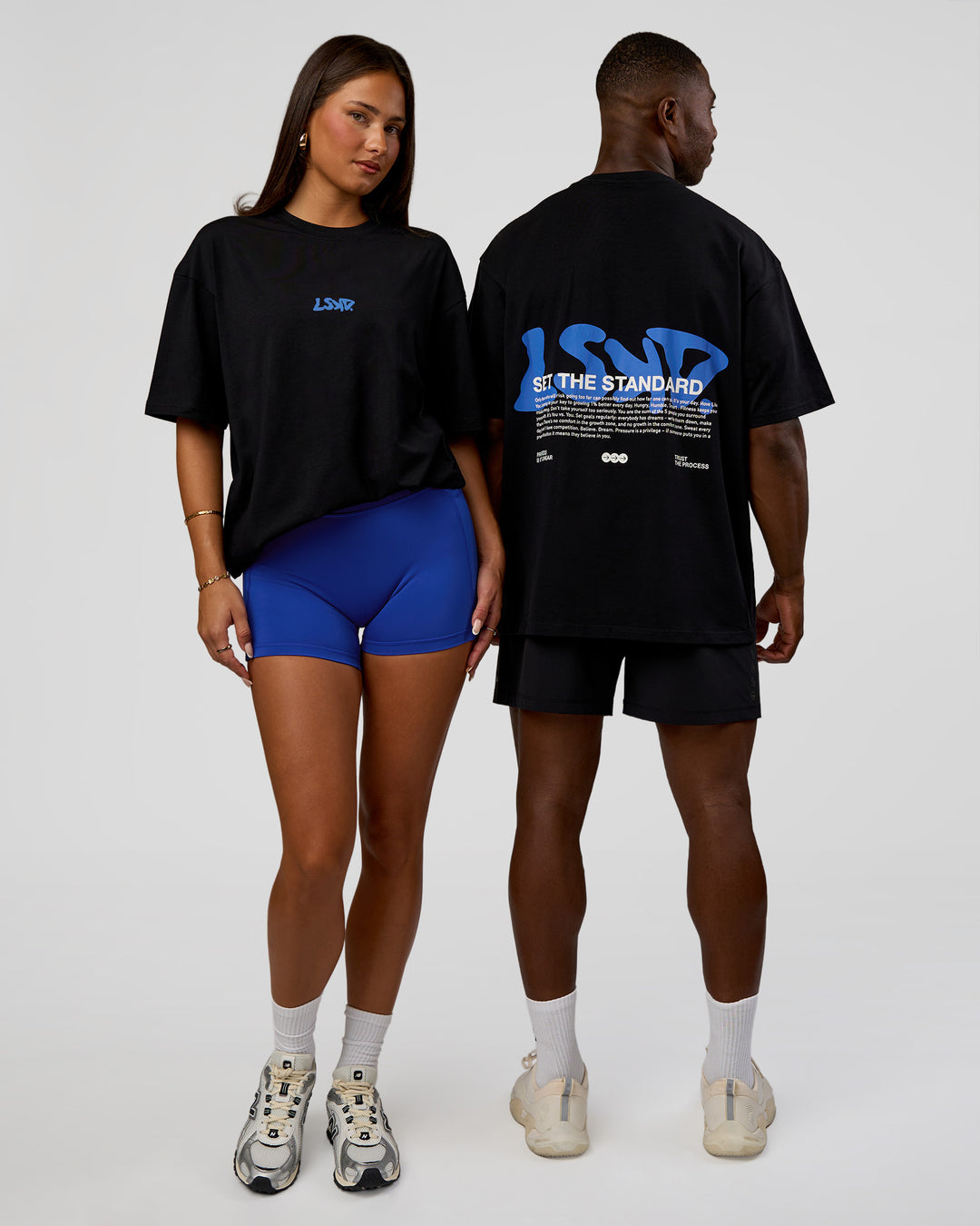 Duo wearing Standard Issue FLXCotton Oversized Tee - Black-Palace Blue | Model:Both | Size:Duo - view 1