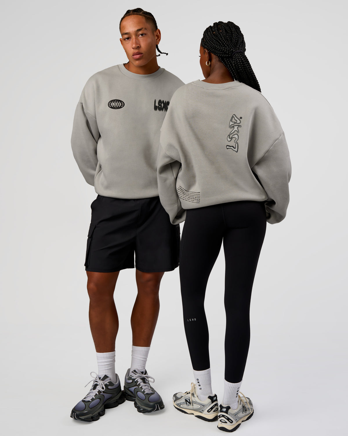 Duo wearing Static Grit Boxy Crew - Alloy-Black | Model:Both | Size:Duo