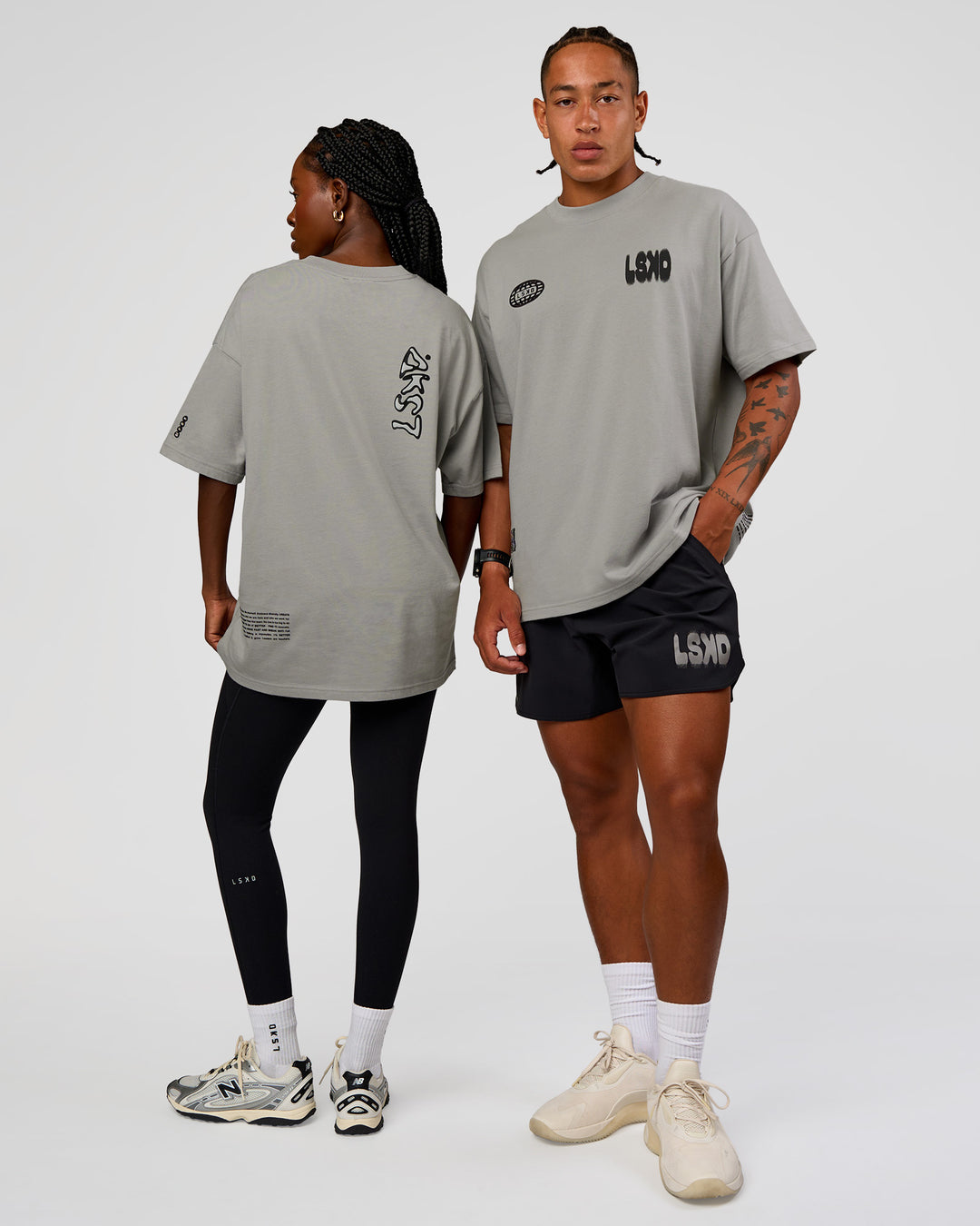 Duo wearing Static Grit Heavyweight Oversized Tee - Alloy-Black | Model:Both | Size:Duo - view 1