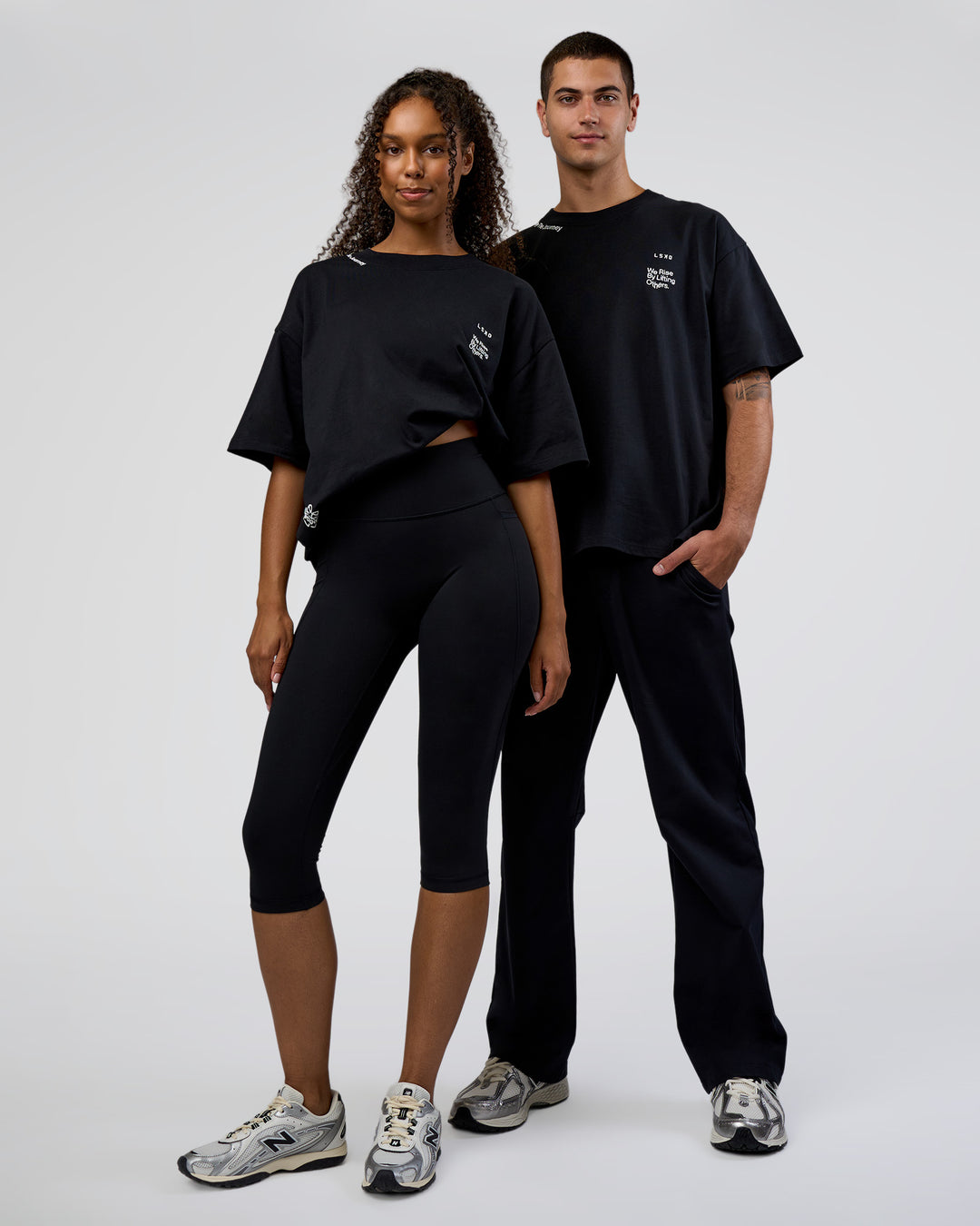 Duo wearing Sticker Heavyweight Oversized Tee - Black-White | Model:Both | Sizw:Duo - view 1