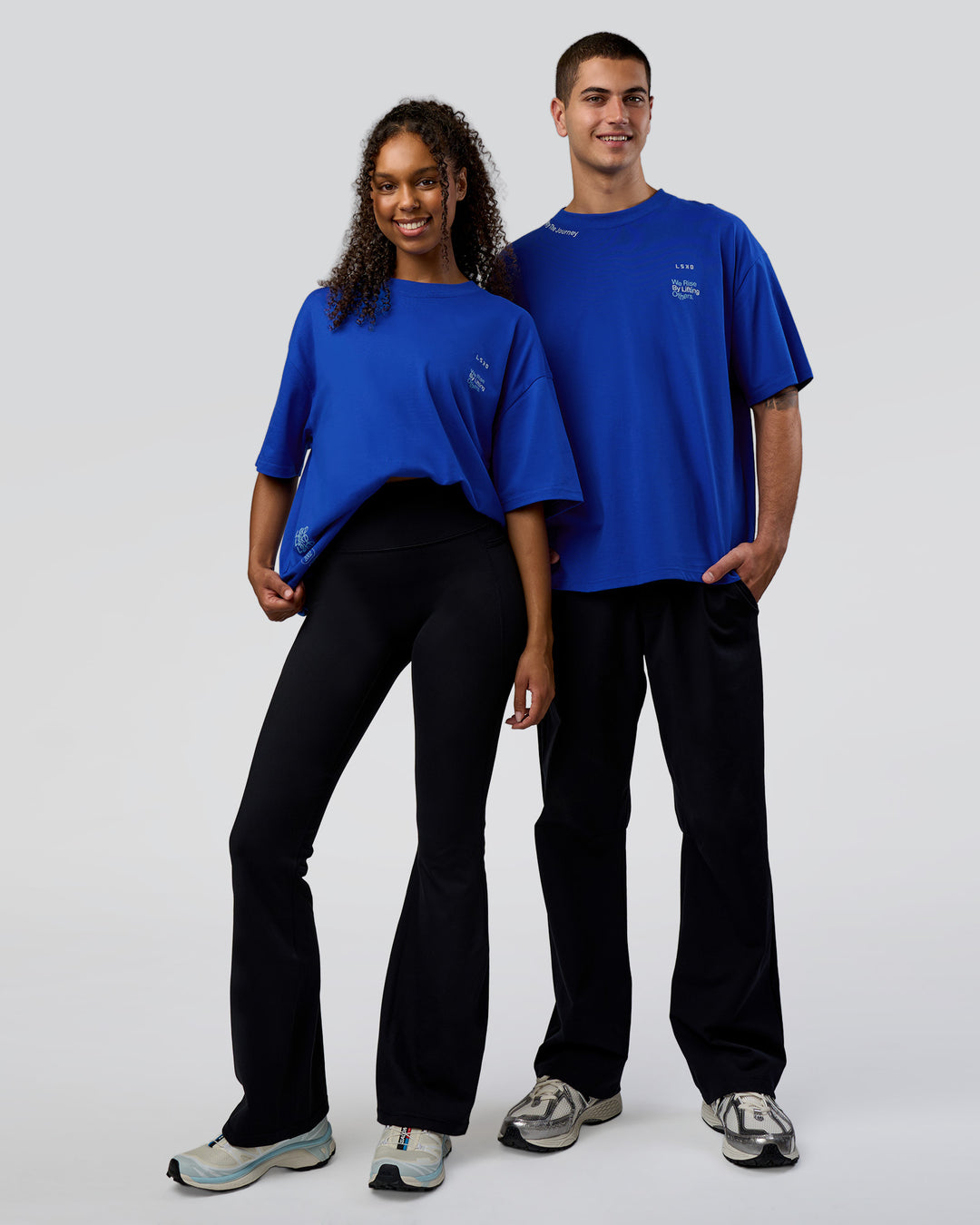 Duo wearing Sticker Heavyweight Oversized Tee - Electric Indigo-Baltic Sea | Model:Both | Size:Duo - view 1