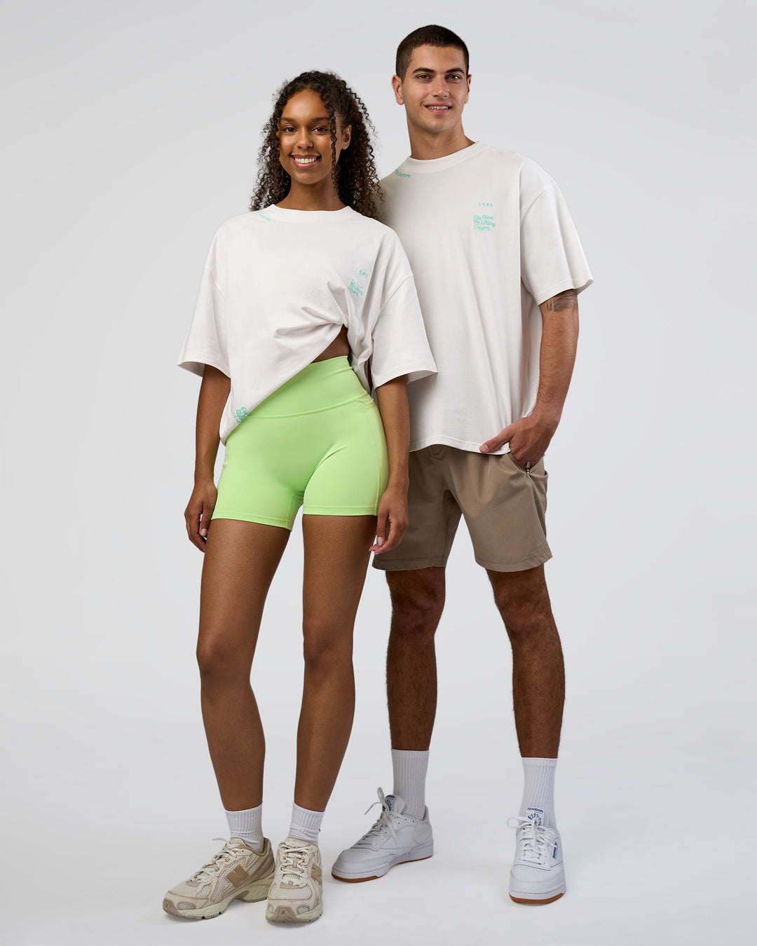 Duo wearing Sticker Heavyweight Oversized Tee - Off White-Jelly Mint | Model:Both | Size:Duo - view 1