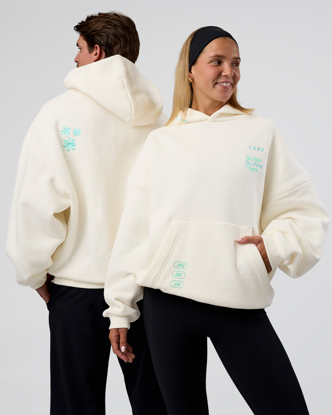 Duo wearing Sticker Unisex Oversized Hoodie - Off White-Jelly Mint | Model:Both | Size:Duo - view 1