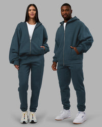 Duo wearing Stream Oversized Panel Zip Hoodie - Deep Sea and Track Pant | Model:Both | Size:Duo | Thumbnail Index: 0
