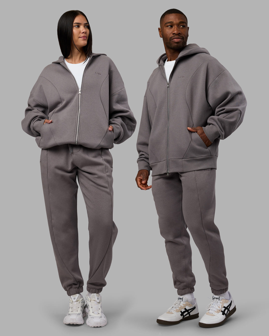 Duo wearing Stream Oversized Panel Zip Hoodie - Storm Front and Track Pant | Model:Both | Size:Duo - view 2