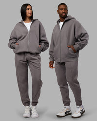 Duo wearing Stream Oversized Panel Zip Hoodie - Storm Front and Track Pant | Model:Both | Size:Duo | Thumbnail Index: 1