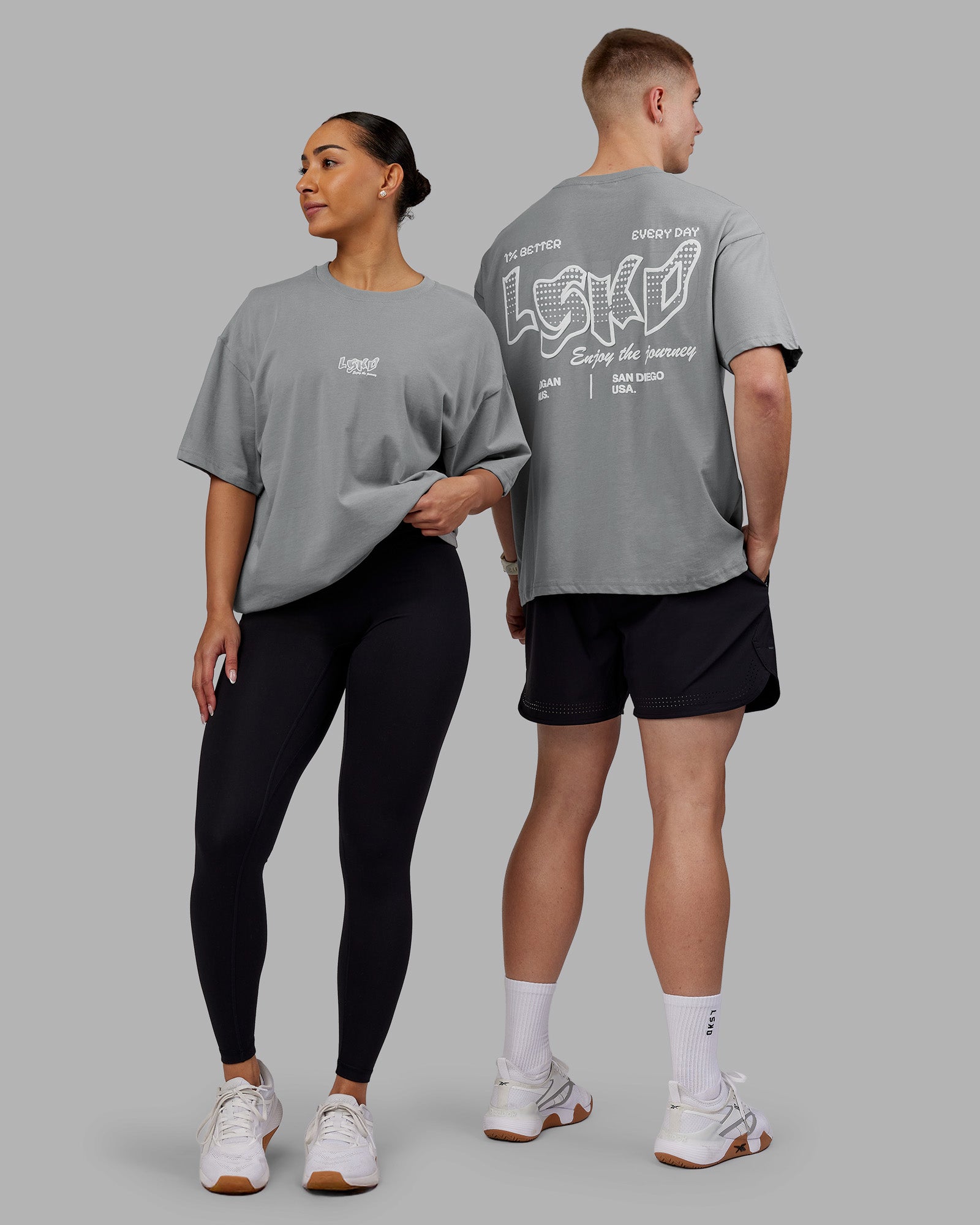 Duo wearing Time's Up Heavyweight Oversized Tee - Circular Grey-White | Model:Both | Size:Duo