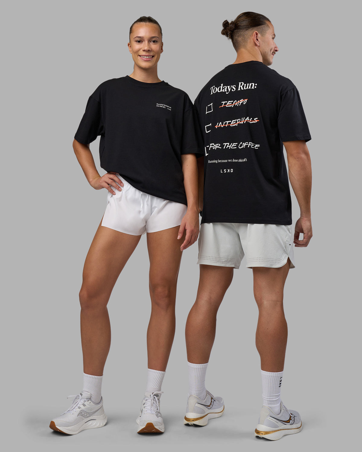 Duo wearing Today's Run FLXCotton Oversized Tee - Black-White | Model:Both | Size:Duo