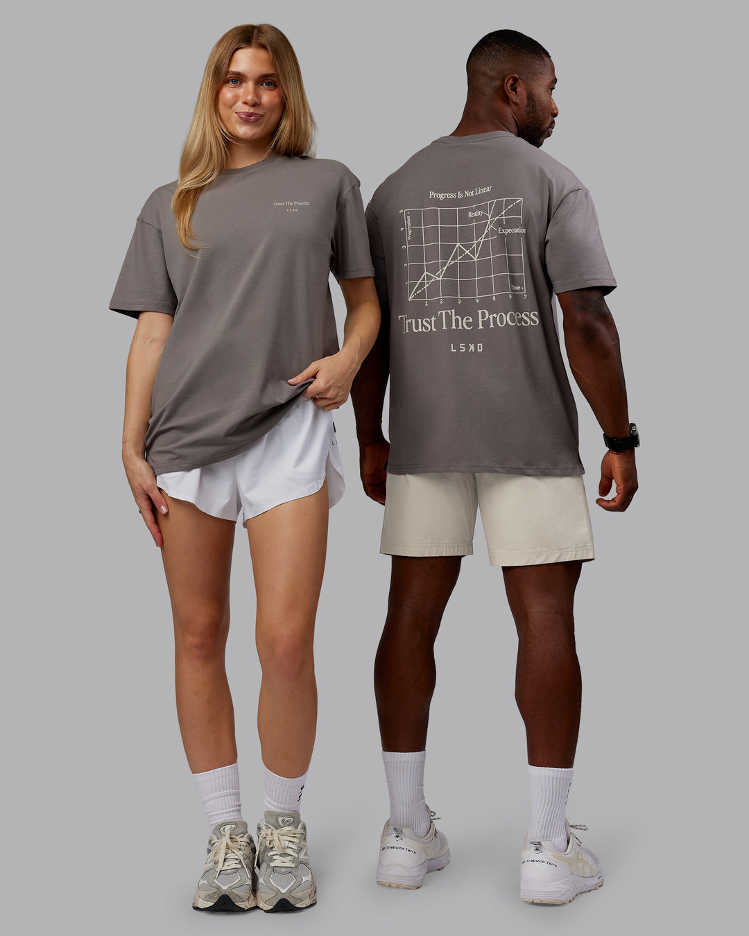Duo wearing Trust The Process 2.0 FLXCotton Tee Oversize - Storm Front-Shale Beige | Model:Both | Size:Duo - view 1