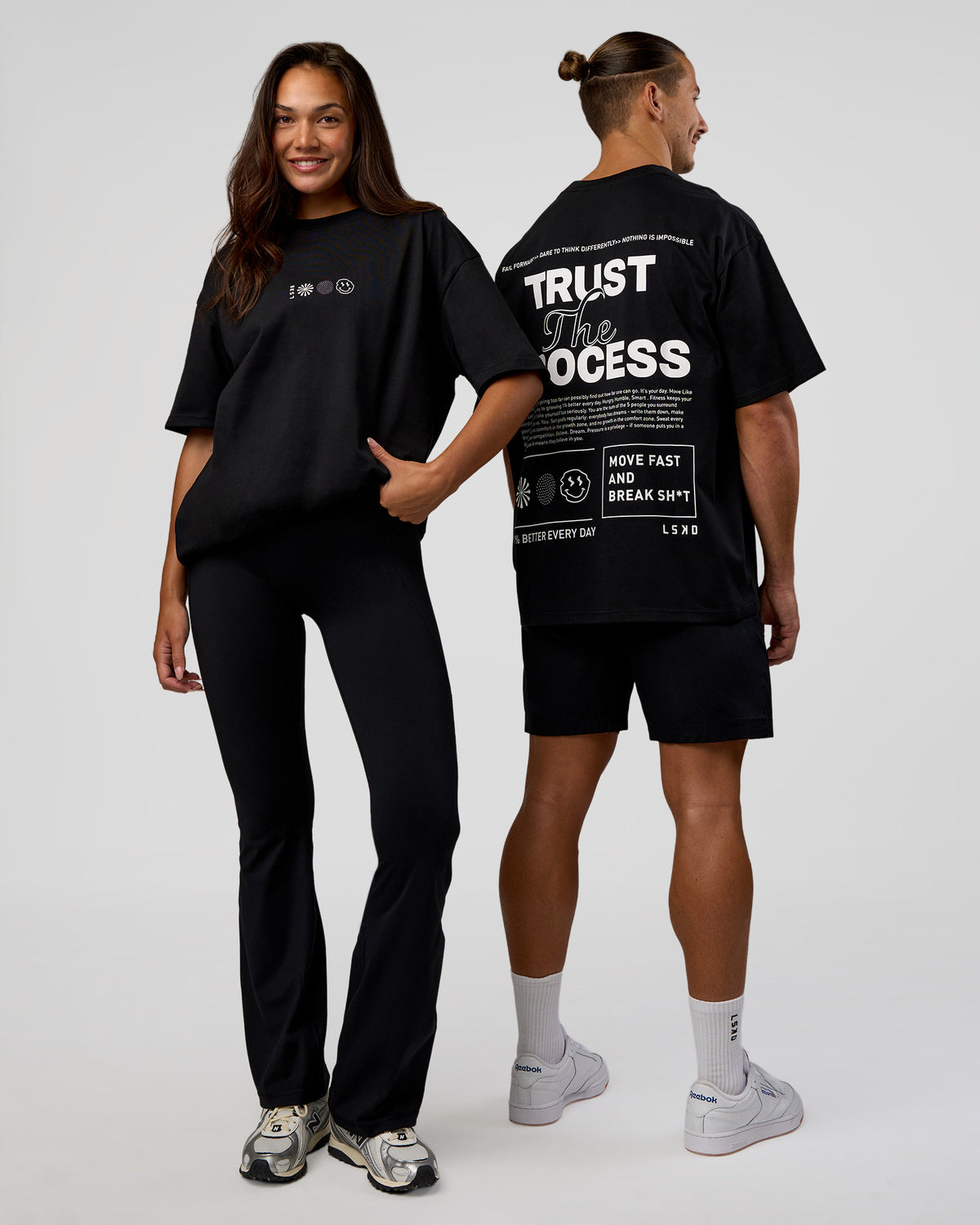 Duo wearing Trust The Process Heavyweight Unisex Oversized Tee - Black-White | Model:Both | Size:Duo