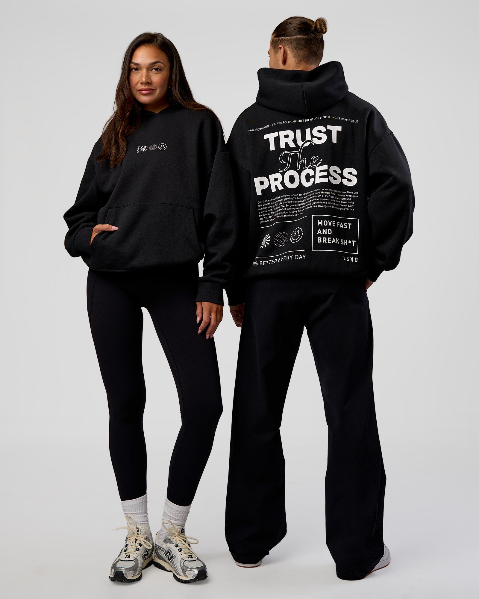 Duo wearing Trust The Process Unisex Oversized Hoodie - Black-White | Model:Both | Size:Duo
