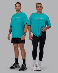 Duo wearing Unisex 1% Better FLXCotton Tee Oversize - Blue Bird-White | Thumbnail Index: 0