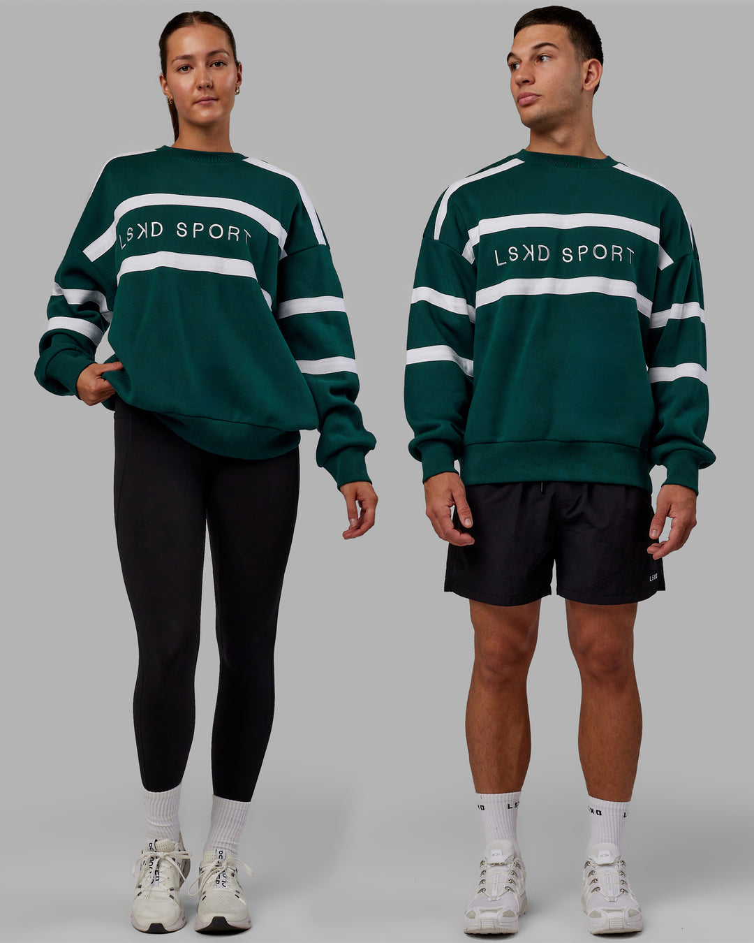 Duo wearing Unisex Collateral Sweater Oversize - Dark Moss-White - view 1