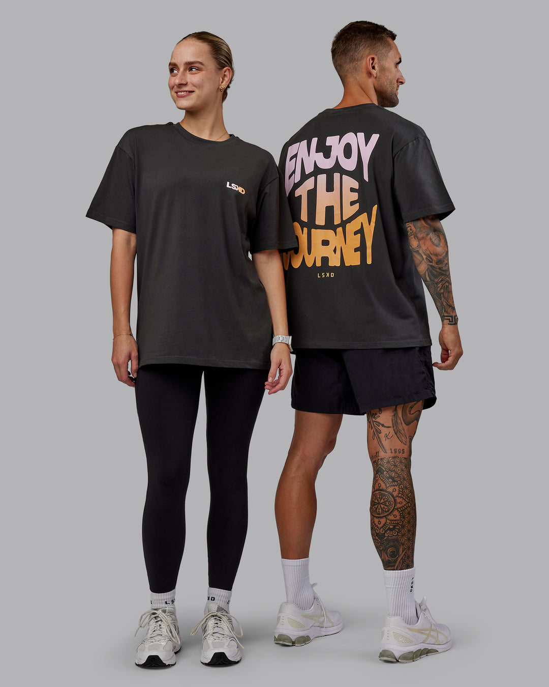 Duo wearing Unisex E.T.J FLXCotton Tee Oversize - Pirate Black-Pop Pink - view 1