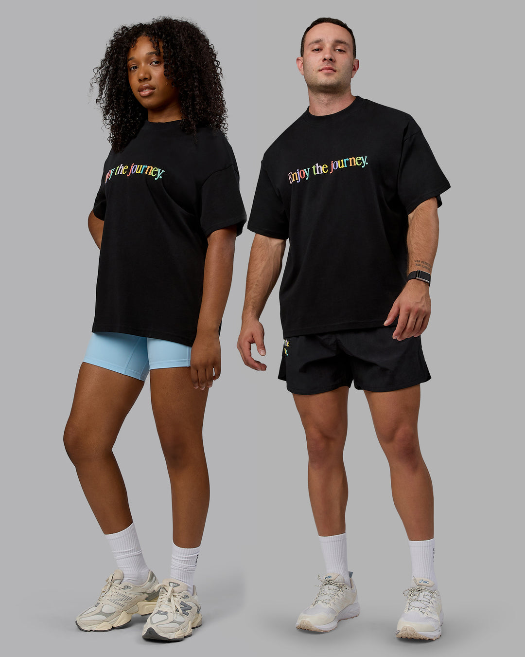 Duo wearing Unisex Enjoy The Journey Heavyweight Tee Oversize - Black-Multi - view 1
