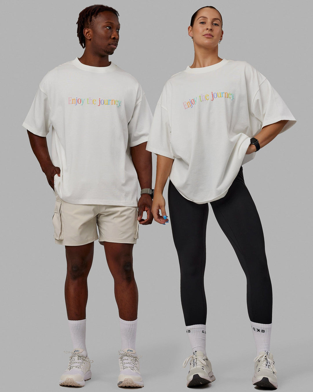Duo wearing Unisex Enjoy The Journey Heavyweight Tee Oversize - Off White-Multi - view 2