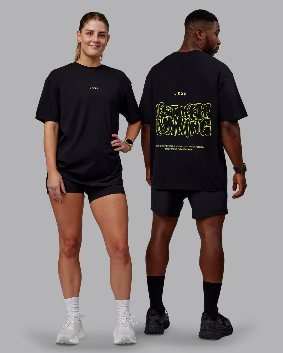 Duo wearing Unisex Leg It FLXCotton Tee Oversize - Black-Volt - view 3