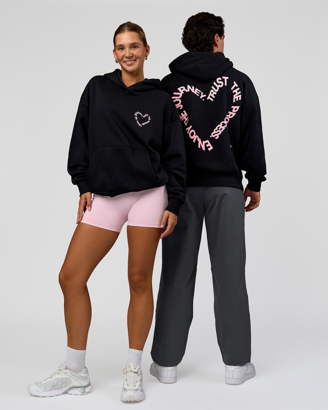 Duo wearing Unisex Love The Process Oversize Hoodie - Black-Marshmallow | Model:Both | Size:Duo - view 1