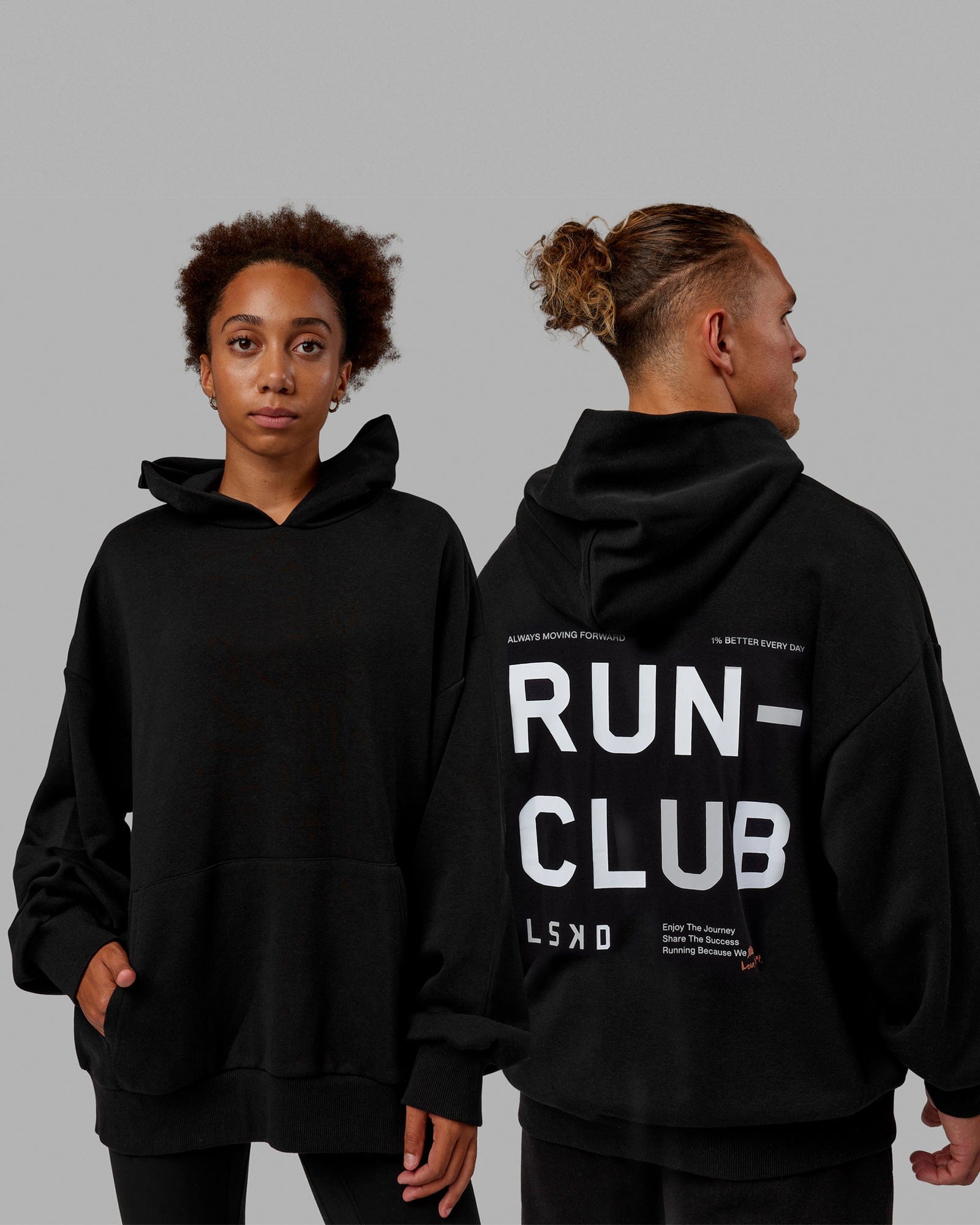 Duo wearing Unisex Love The Run Hoodie Oversize - Black-White