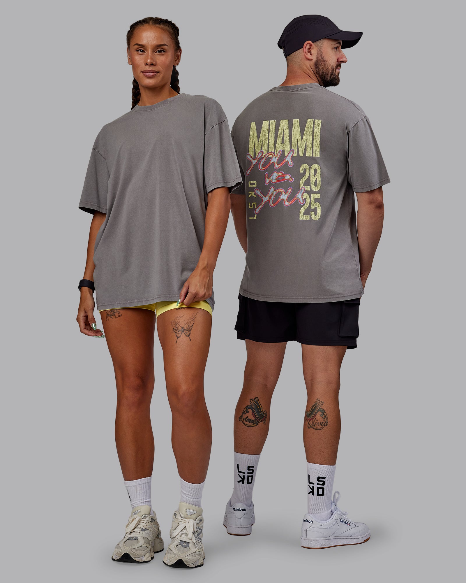 Duo wearing Unisex Miami25 Washed FLXCotton Tee Oversize - Storm Front-Lemon Fizz