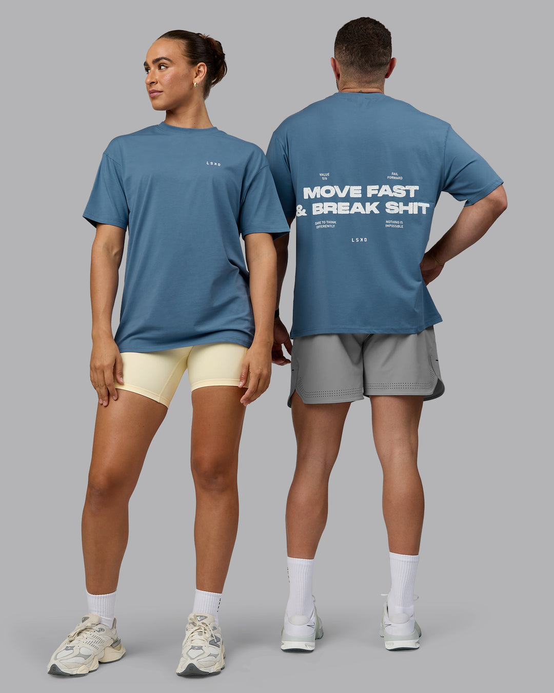 Duo wearing Unisex Move Fast Value Series FLXCotton Tee Oversize - Elemental Blue-Off White - view 1