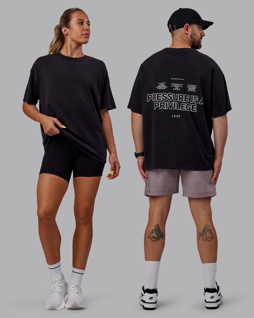 Duo wearing Unisex Washed Pressure Heavyweight Tee Oversize - Black-White - view 1