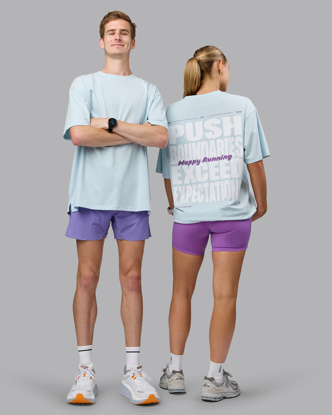 Duo wearing Unisex Push Boundaries FLXCotton Tee Oversize - Light Cyan-White - view 2