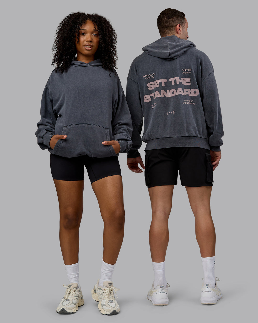 Duo wearing Unisex Washed Set the Standard Hoodie Oversize - Black-Greyish Purple - view 1