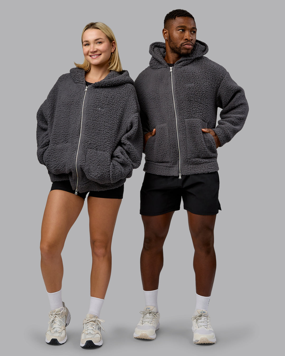 Duo wearing Sherpa Oversized Jacket - Dark Storm | Model:Both | Size:Duo - view 7