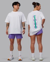 Duo wearing Unisex Strike Through FLXCotton Tee Oversize - White-Purple Swirl | Thumbnail Index: 0