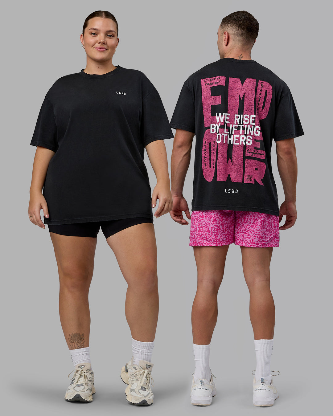 Duo wearing Unisex Washed Empower Tee Oversize - Black-Berry Pink - view 2
