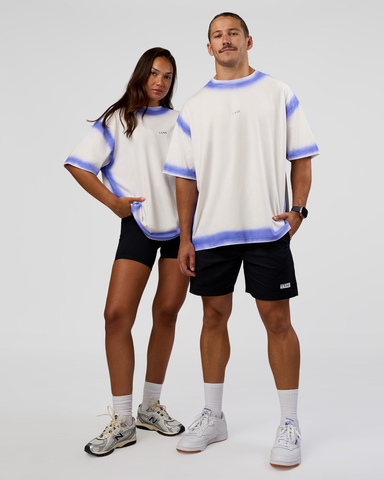 Duo wearing Urban Blur Heavyweight Unisex Oversized Tee - Off White-Power Cobalt | Model:Both | Size:Duo