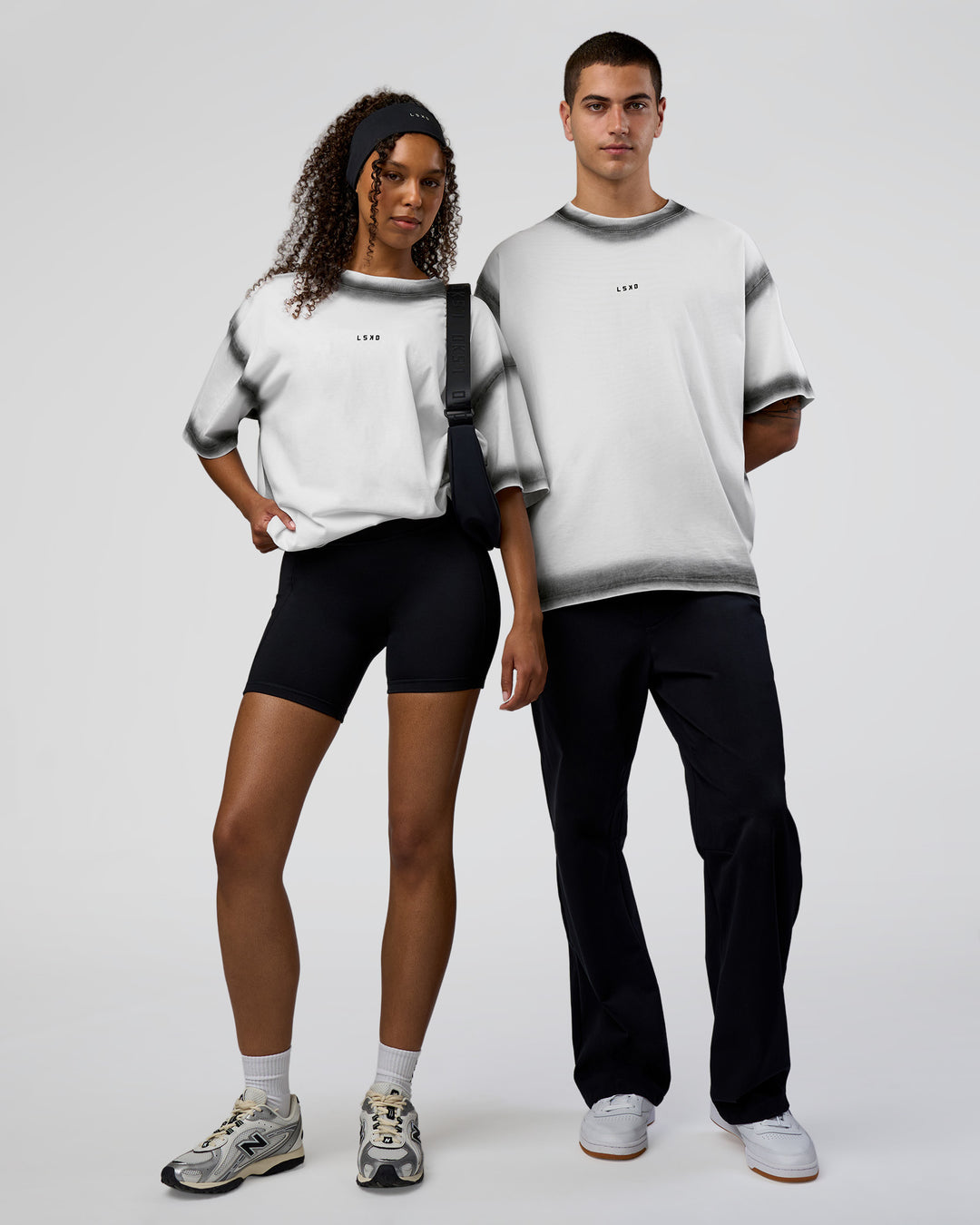 Duo wearing Urban Blur Heavyweight Unisex Oversized Tee - White-Black | Model:Both | Size:Duo - view 1