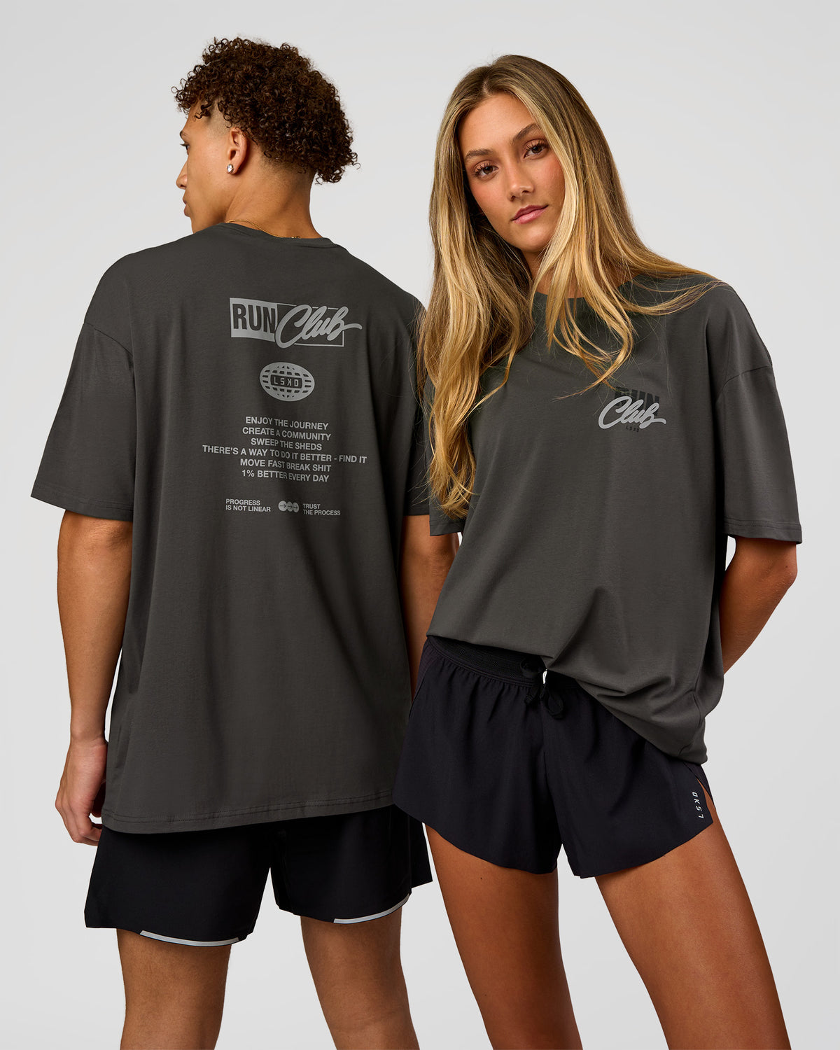 Duo wearing Values Run Club FLXCotton Tee - Dark Storm-Alloy | Model:Both | Size:Duo