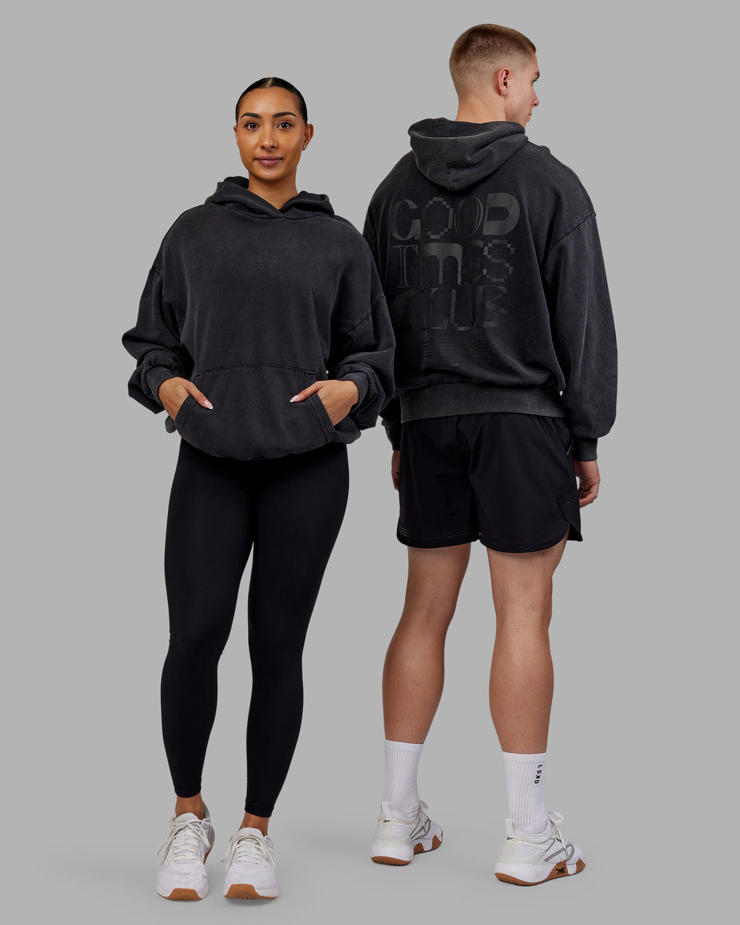 Duo wearing Variation Washed Oversized Hoodie - Black-Black | Model:Both | Size:Duo - view 1