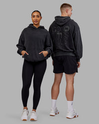 Duo wearing Variation Washed Oversized Hoodie - Black-Black | Model:Both | Size:Duo | Thumbnail Index: 0